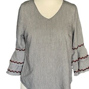 Kontrol Contemporary Embroidered Striped Bell Sleeves Blouse Size M
